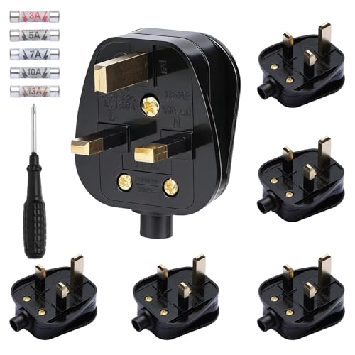 iulrtba 6 Pack 13 Amp Plug UK, 3 Pin Plug UK, Electric Plugs with 3A 5A 7A 10A 13A Domestic Fuses Kit, Rewireable Plug with 1 Screwdriver for Home Office Appliances Devices (Black)