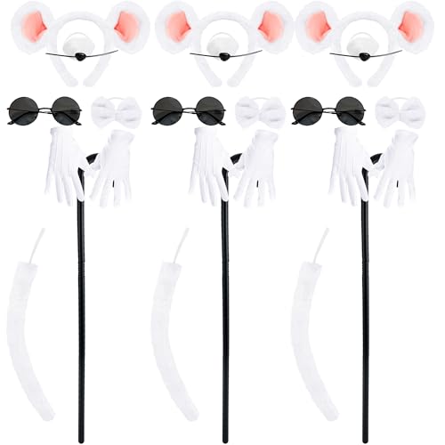 Puteraya 3 Set Mouse Costume Accessories White Mouse Ears Headband Tail Rat Rat Dress Up Costume for Halloween Adult Pretend Play Women Cosplay Party