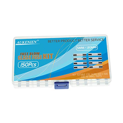 AUKENIEN 15 Wert 150 Stück 0,5A 1A 1,6A 2A 2,5A 3A 3,15A 4A 5A 6,3A 8A 10A 12A 15A 20A 250V Sicherungen 5x20mm Sicherung Glassicherung Glasrohrsicherung Feinsicherung Schnelle Glas Sicherung Kit