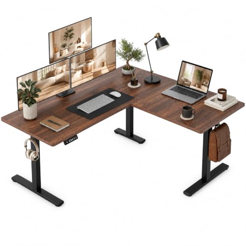 Image of Grandder 63 x 55 Inch L Shaped Standing Desk, Electric Height Adjustable Corner Stand Up Desk, Sit Stand Corner Table Home Office Table, Walnut Top Black Frame
