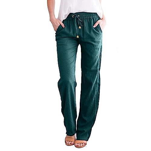 Image of Linen Trousers Womens Straight Leg Drawstring Elastic Waist Casual Summer Trousers UK Ladies Lightweight Comfy Cotton Linen Holiday Beach Lounge Pants Bottoms Dark Green 3XL