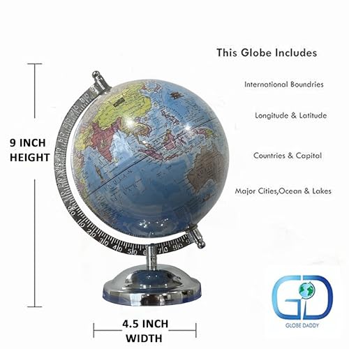 Image of Political World Globe with Chrome Metal Stand | Rotating Educational Geography Globe | Desktop Globes for Kids, Students, Teachers, Schools, Office Desk & Home Decor (6 Inch Dia)