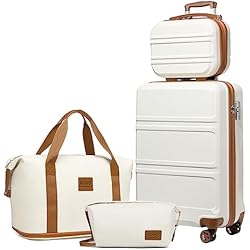 Conjunto Maletas Kono Maleta Ligera ABS rígida de Cabina con Cerradura TSA Juegos de Equipaje de 4 Piezas Incluidas Bolsa de Fin de Semana y Bolsa de Aseo para Viajes (Blanco Crema)