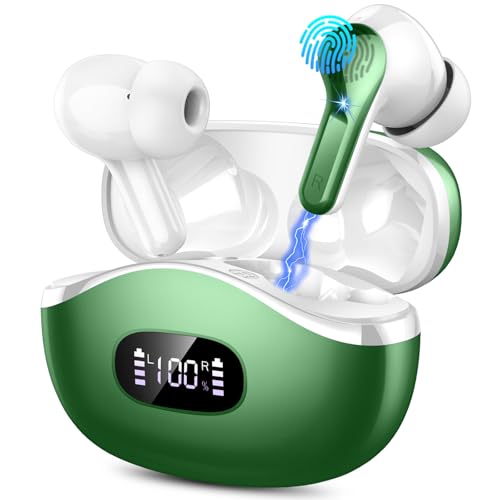 Wireless Earbuds, Bluetooth 5.4 Headphones in Ear with 4 ENC Mic, 40H Wire less Bluetooth Earphones with Deep Bass, HiFi Stereo Wireless Headphones, LED Display EarBuds, USB-C, IP7 Waterproof, Green