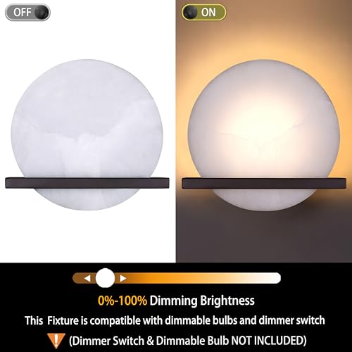Image of 2 Pack 1 Light 8 inch Round Natural Alabaster Bathroom Wall Sconce Modern Concise Style Wall Light Fixture,Oil Rubbed Bronze Finish for Bedroom Hallway Bedside Living Room