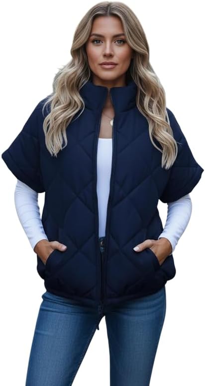 Women's Puffer Vest Short Sleeves Quilted Cropped Jackets Casual Lightweight Zip Up Warm Coat with Pockets