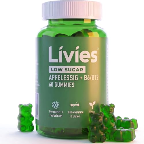 Livies Apfelessig Gummies 350mg ohne künstliche Farbstoffen Zuckerarm mit Vitamin B6 & B12 Rote Bete & Granatapfel Vegan Halal Apfelgeschmack 60 Gummies Made in Germany Laborgprüft