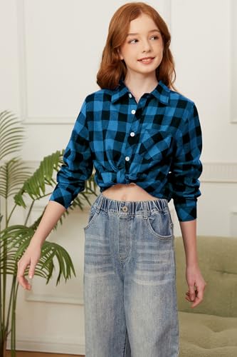 Image of SANGTREE Women and Girls Long Sleeve Flannel Casual Button Down Plaid Shirt