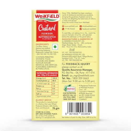 Image of Weikfield Custard Powder | Butterscotch Flavour | Makes Smooth & Creamy Custard | Contains Quality Ingredients | Best For Fruit Salads & Puddings | 100% Vegetarian | 75g Carton (Pack of 2)