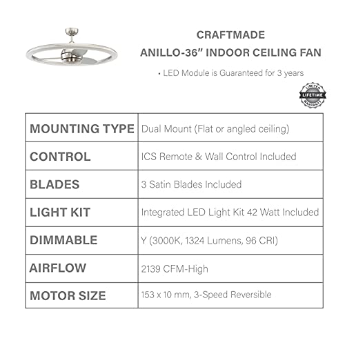 Craftmade Ani36Bnk3 Anillo Non-Traditional Futuristic Design 36" Ceiling Fan With Dimmable Led Light And Remote, Brushed Nickel #TOP3