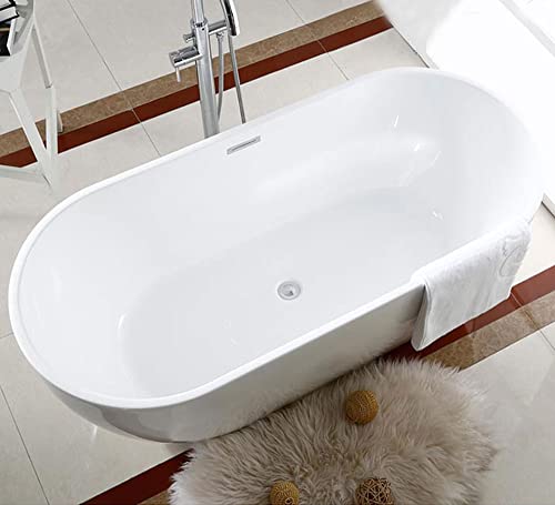 65 In Seamless Freestanding Bathtub, Contemporary Stand Alone Soaking Tub With Chromed Drain And Classic Overflow, Acrylic White Spa Flat Buttom Tub, Cupc Certified, Elegant Oval Shape (11672) #TOP3