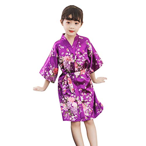 Consejos para Comprar Batas y kimonos para Niña - los más vendidos. 43 Kimono corto de satén de seda para niñas, para bodas, cumpleaños, spa, Púrpura, 7-8 Años