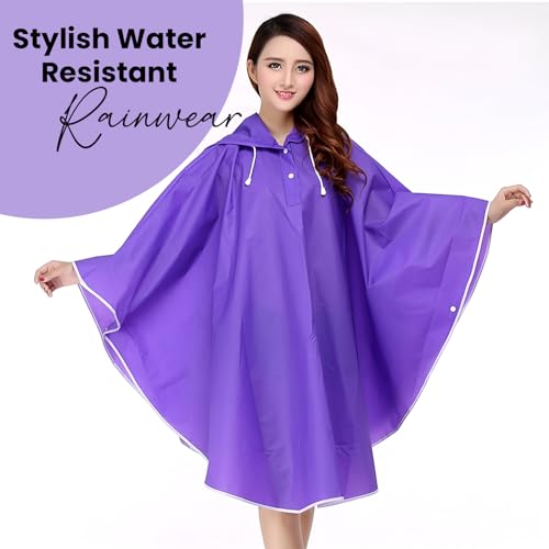 Image of HACER EVA Raincoat Poncho 160 GSM with Adjustable Hood Full Sleeves Knee Length Universal Size Waterproof Outdoor Rainwear for Women Camping Trekking Hiking (Pack of 1, Purple)