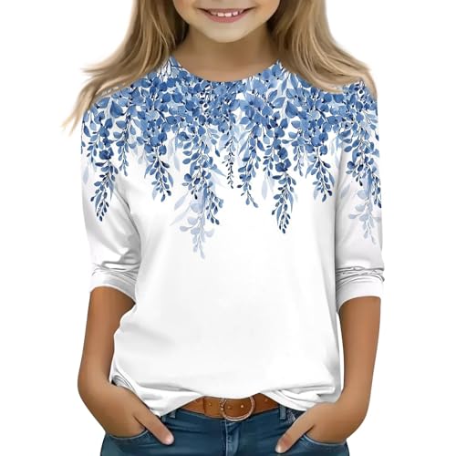 Cute Tops for Girls Summer 3/4 Sleeve Round Neck Cute Going Out Outfits Floral Print Half Sleeve Outfits 3-14 Years