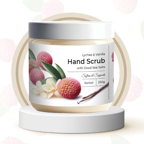 CalmGrace Exfoliating Hand Scrub with Dead Sea Salts, Lychee & Vanilla Scent | Hand Scrub Exfoliator in Sorbet Texture, Body Care Moisturizer | Fortified with Aloe Vera, Coconut Oil, Vitamin C 250g