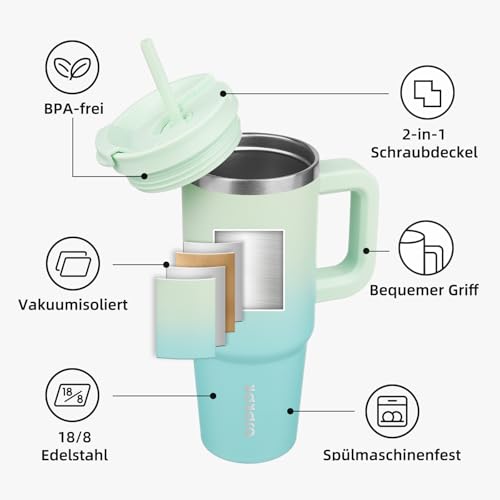 BJPKPK 900 ml Isolierter Edelstahl-Becher mit Griff Deckel und Strohhalm – Ansicht 4