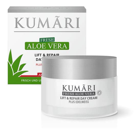 KUMARI Lift & Repair Day Cream con aloe vera + Edelweiss reafirma la piel y alisa las arrugas – Crema de día vegana antiedad con 70% de jugo de aloe vera orgánico sin diluir (50 ml)