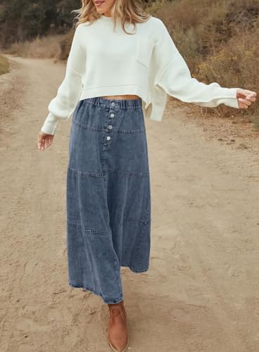 loveimgs Women Casual Denim Maxi Skirt Elastic High Waist Tiered A Line Long Jean Skirt Y2k Western Patchwork 20253