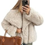 Flygo Women's Faux Fur Coat Fluffy Faux Fur Jacket Long Sleeve Lapel Furry Winter Jackets Shaggy Parka Short Coat(Beige-L)