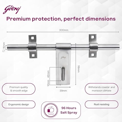 Image of Godrej Door Fittings | Aldrop for Main Door (10 inch, Satin Finish) | SS304 Lock for Left & Right Handed Doors | Suitable for All-Type Doors of Residential & Commercial Complexes | Size 16 x 300 mm