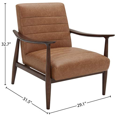 Image of Amazon Brand - Rivet Spear Mid-Century Modern Channel Tufted Leather Accent Chair with Wood Arms, 29.1 inchW, Cognac Brown