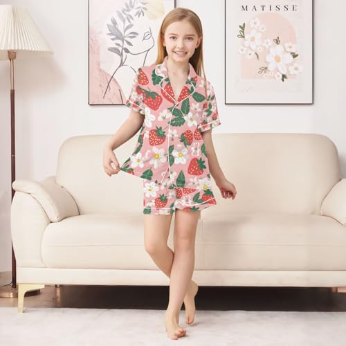 senya Strawberries on Flowers Satin Summer Pajama Sets Silk Short Sleeve Button Down Sleepwear4