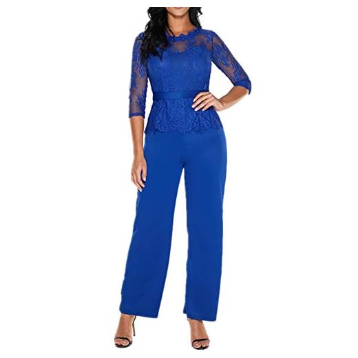 Lover-Beauty Mono Largo Casual Manga Encaje Hueco Flounce Pantalones Piernas Anchas Suit Traje Dama Veranono (Azul, (EU48-50) XXL)