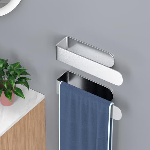Image of HUFEEOH 2 Pack Adhesive Hand Towel Holder, Sticky Towel Bar Towel Holder Wall Mounted, Stainless Steel Kitchen Towel Holder Hand Towel Rack for Bahtroom Hotel RV Kitchen (Silver)