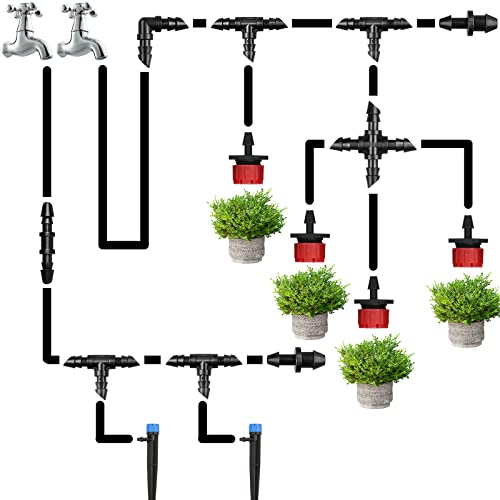 Jayee 100Ft 1/4 Inch Drip Irrigation Tubing With 33 Pcs Drip Irrigation Parts - 10 Couplings, 10 Tees, 4 Elbows, 4 4-Way Couplings, 5 End Plugs - Drip Irrigation Kit For Drip Or Sprinkler Systems #TOP5