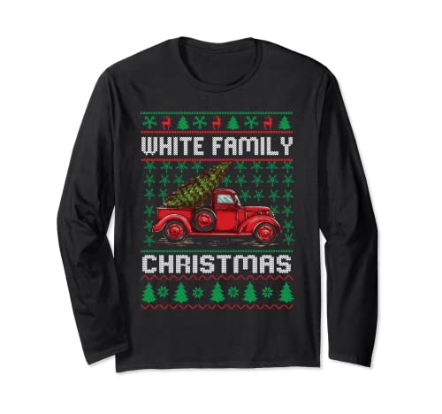 White Family Ugly Christmas Sweater Red Truck Funny Xmas Manga Larga