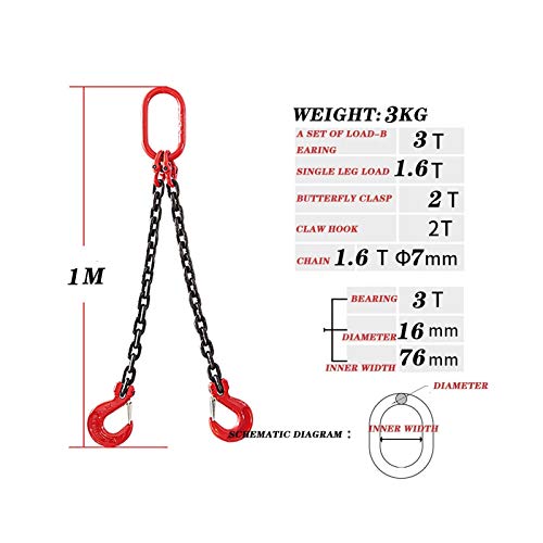 1m 2T Grade 100 Chain Sling, Heavy Duty Carrello di Sollevamento con Ganci di afferrare, truccatura in Acciaio Legato forgiato per Il Movimento del macchinario e l'uso Industriale