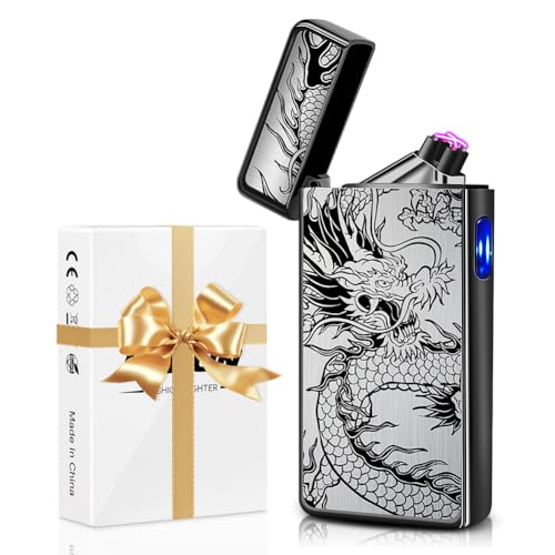 Electric Lighter USB C Rechargeable Dragon Lighter Dual Arc Plasma Windproof Lighter Cool Lighter Flame-Less with Large Capacity Battery, Gifts for Him Dad Men (Black Dragon)