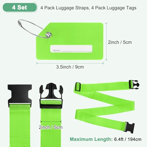 Image of M METERXITY 4-Sets Luggage Straps TSA Approved, Travel Straps for Luggage Suitcase Tags Set, Adjustable Suitcase Belt [Bright Green]