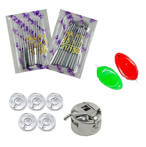 Image of ZENITH Sewing machine Needles HA Size (9 /65 & 21 /130) 10 pc Needles each , 5pc Plastic Bobbins ,1 Bobbin case & 2pc Needle Threader Combo Suitable for Home Sewing machines like Usha Janome, SINGER, BROTHER