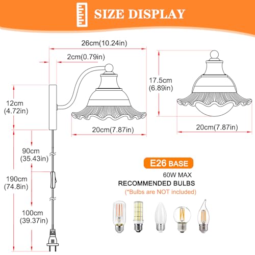 Image of Vintage Plug in Wall Sconce, Gold Plug in Sconce Set of 2 with Clear Glass, Brass Wall Lights Fixture with Plug in Cord, Flower Wall Lamp Decor with on /Off Switch & Cord for Bedside Bedroom Hallway