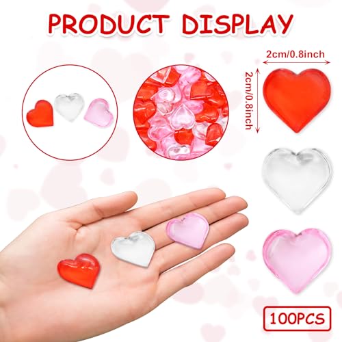 Image of 100 Pcs 3D Acrylic Hearts Ornaments Baubles, Mini Assorted Transparent, Red and Pink Crystals Beads Table Scatter Vase Filler Craft for Valentine's Day, Wedding, Engagement Decorations