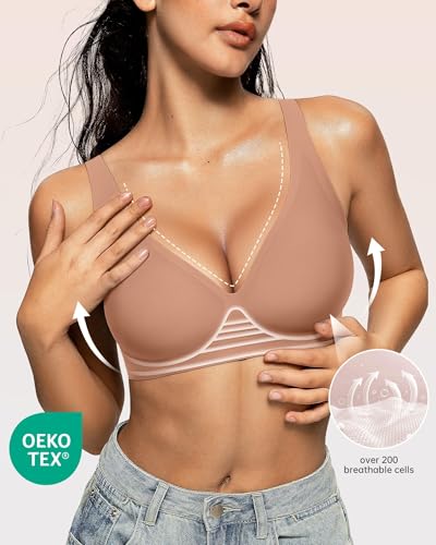 Image of OEAK Womens Deep V Bras Wireless Comfortable Bra Supportive No Underwire Bras Tshirt Push Up Bralettes Plunge Seamless Bra Latte XL
