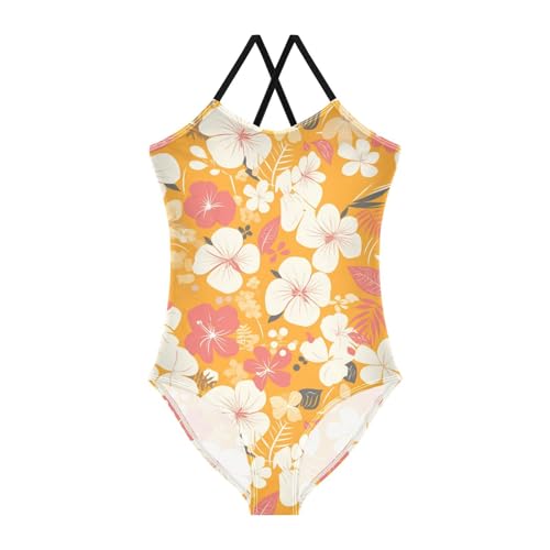 KLL Vintage Yellow Orange Floral Pattern Girls' One Piece Swimsuit Summer Swimming Suits Adjustable Strap Quick-Dry