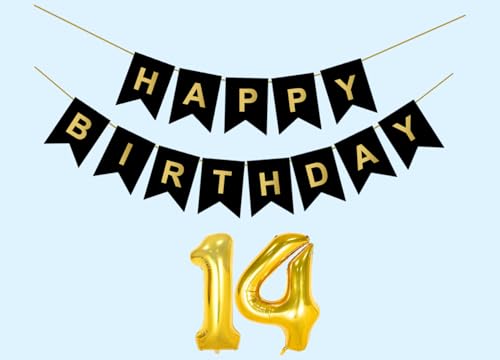 Image of 14th Happy Birthday Decoration Kit Black for 14 year Old Boys Girls Teenage with Number FourteenParty Decorations Decor Celebration Items Item Set Combo Reusable Paper Banner