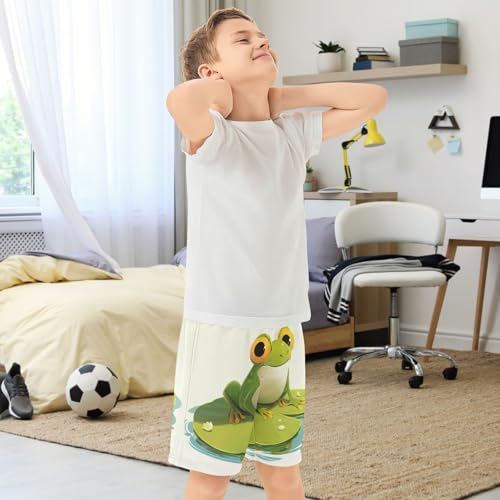 Boys Casual Shorts, Athletic Gym Shorts Elastic Waist with Pockets Frog Big Round Eye Summer Sports Homewear 7-15Y3