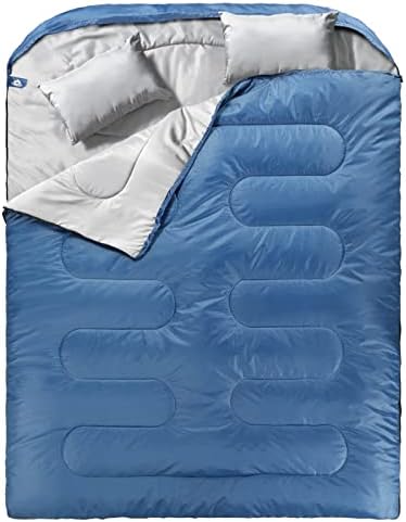 MEREZA Double Sleeping Bag for Adults Mens with Pillow, XL Queen Size Two Person Sleeping Bag for All Season Camping Hiking Backpacking 2 Person Sleeping Bags for Cold Weather & Warm (Diamond Blue)