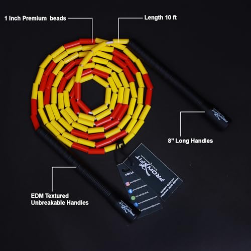 Image of Freestyle Unbreakable Long Handle Soft Shatterproof Beads 1Inch Beaded Jump Rope, Skipping Rope Adult. (10 Ft) (Yellow Red - Black handle)