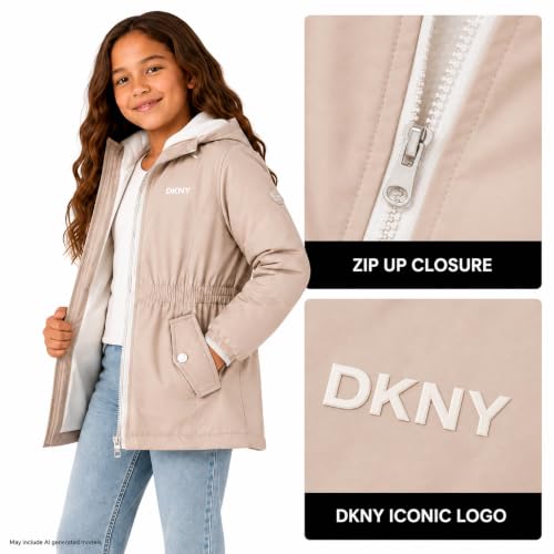 Image of DKNY Girls Midweight Jacket, Anorak Windbreaker, Polar Fleece Lined, Hooded