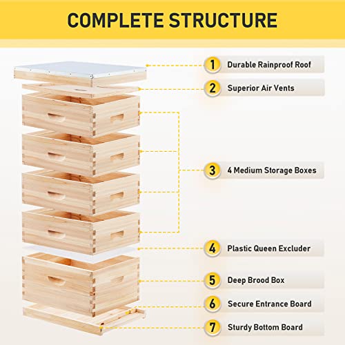 CREWORKS 5 Layer Bee Hive, Beehive for Honey, Bee Box Beekeeping Supplies, Hive Kit for Starter Beekeeper (No Frames)
