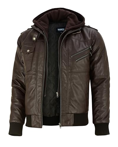Vance Veste en cuir véritable pour homme en 100% cuir d'agneau avec capuche amovible, marron foncé, L