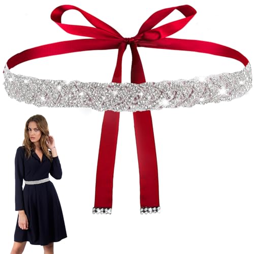 Bling Bridal Rhinestone Belt, Handcrafted Sparkly Rhinestone Belts for Formal Dress, Wedding Dress Belt Glitter Ribbon Waist Belts for Women Jeans Shiny Party Wedding (Burgundy)