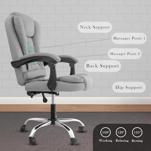 Image of Casa Copenhagen Italia Premium Leatherette Office Chair for Work | Boss Chair, Ergonomic Executive, Luxurious Cushioned Arms & Seat, 2 Point Back Massager, Heavy Duty Metal Base (Light Grey)