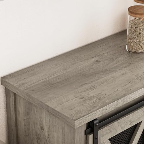 Garvee Farmhouse Wine Cabinet, Coffee Bar Sideboard Cabinet Storage, Console Table with Sliding Barn Doors, Entryway Table with Glass Rack for Kitchen Dining Room Hallway, 46.5 inches Long, Grey