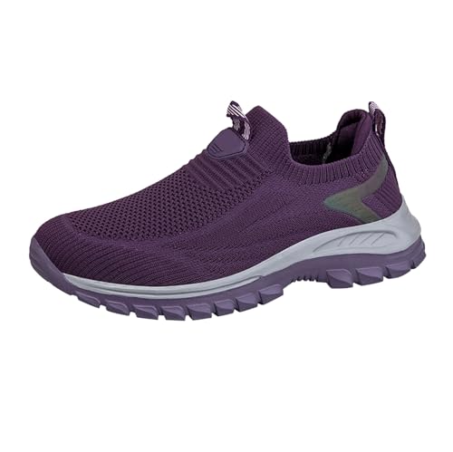 Zapatos de senderismo de malla para hombre, suela plana, ligeros, transpirables, con soporte de arco para exteriores, zapatos de entrenamiento para caminar, zapatos casuales de ajuste ancho, Purple