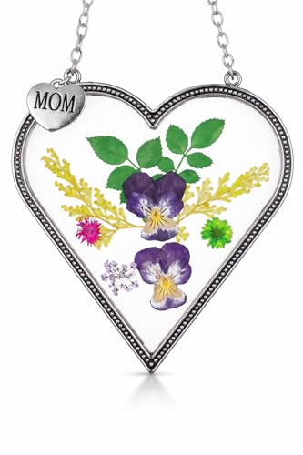Product Image of the Mom Suncatcher Gift with Heart Charm – Pressed Flower Heart Stained Glass Hanging Decoration – Mother’s Day Birthday for Mom – Window Décor with Suction Cup – 4' x 3.5'